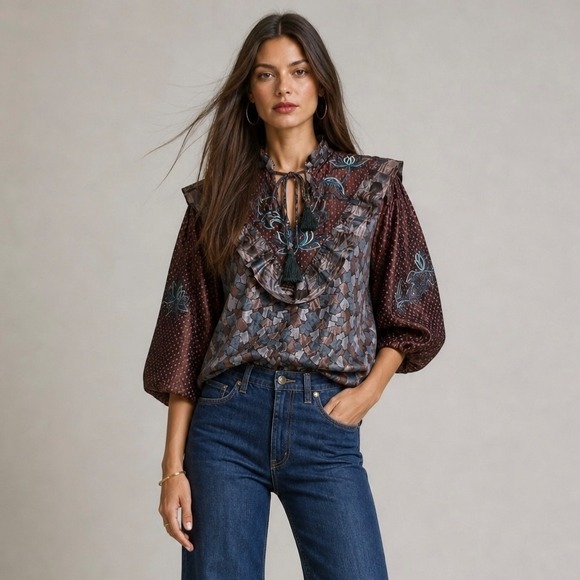Diane Freis Tops - Vintage Diane Freis Top L Brown Floral Dot Puff Sleeve Boho Prairie Blouse
